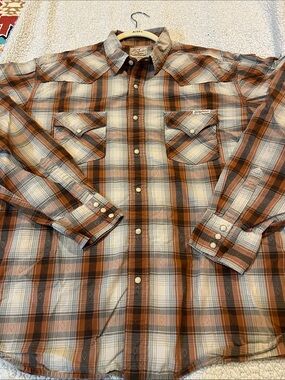 Lucky Brand Brown and Cream Plaid Long-Sleeve Button-Down Shirt